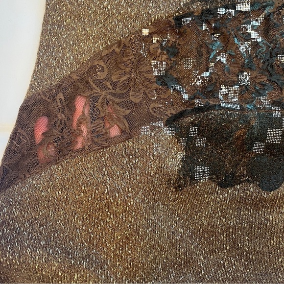 Multi-Media Butterfly Short Sleeve Metallic Detail Loose Weave Sweater Brown L - Picture 7 of 9